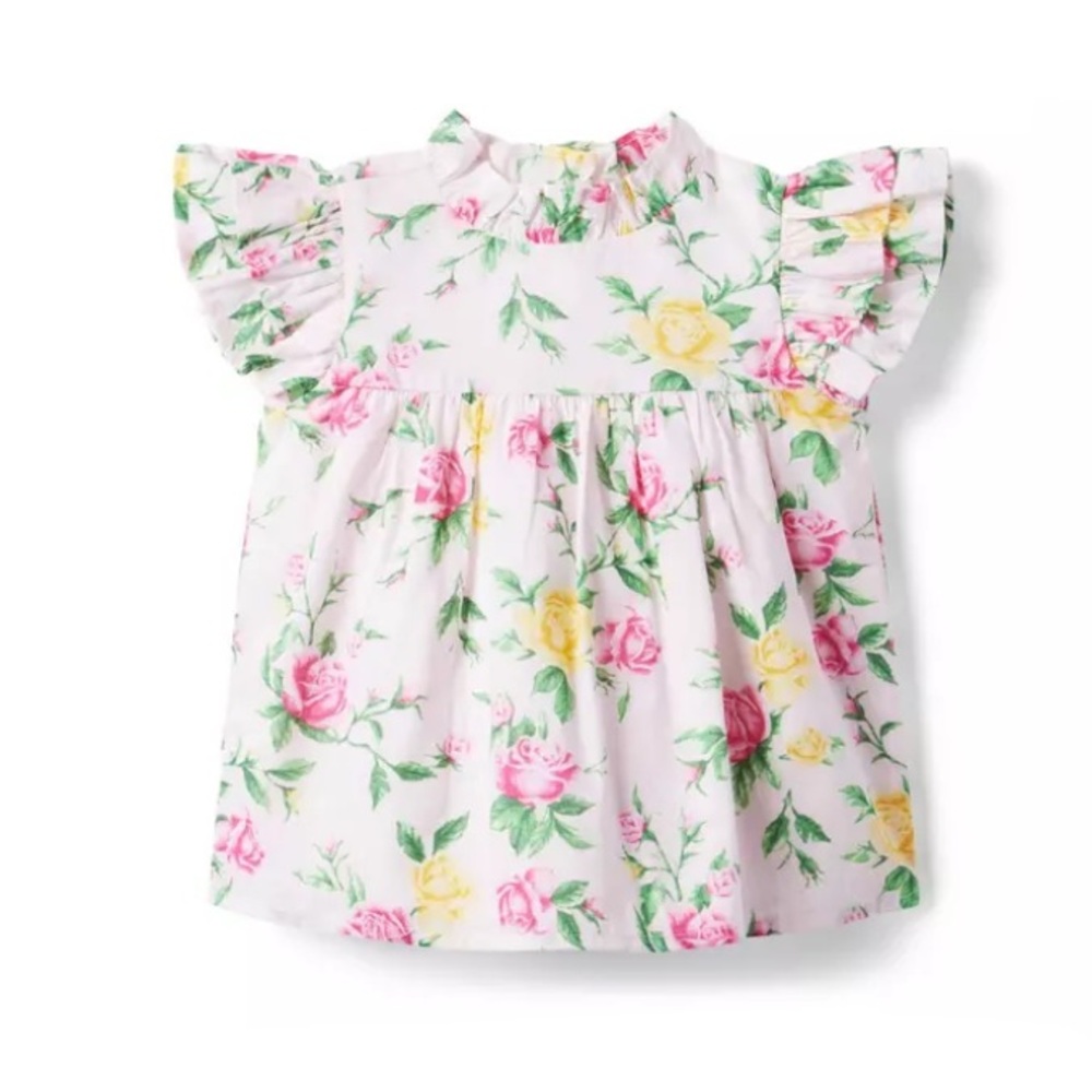 Janie and Jack Girls Pink Marshmallow Yellow Floral Ruffle Sleeve Top Shirt